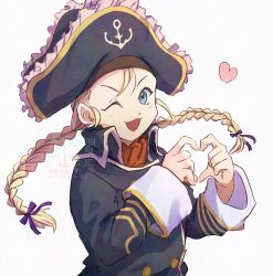 1girl blonde_hair blue_eyes braided_twintails commentary_request hat heart heart_hands highres long_hair looking_at_viewer low-tied_long_hair low_twintails one_eye_closed open_mouth patty_fleur pery_618 pirate_hat simple_background smile solo tales_of_(series) tales_of_vesperia twintails upper_body watermark white_background