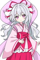 Rule 34 | 1girl, blush, commentary request, cowboy shot, dot nose, grey hair, hair ribbon, hakama, hakama skirt, highres, japanese clothes, kimono, kotatsu-mazoku, long hair, long sleeves, looking at viewer, obi, original, parted lips, pink eyes, pink kimono, pink shawl, red hakama, red ribbon, red sash, ribbon, sash, shawl, simple background, skirt, solo, white background, wide sleeves