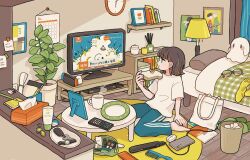 1girl :t analog_clock aqua_pants bag barefoot bed bedroom blanket bread bread_slice calendar_(object) car_keys cellphone clock controller cup cushion eating food glasses hair_straightener highres holding holding_food indoors lamp loaded_interior lotion makeup mug news nintendo_switch notebook original pants pencil phone plant plate poster_(object) potted_plant remote_control rug shelf shirokurage sitting slippers smartphone solo steam stuffed_ghost stuffed_toy sunscreen table textbook tissue_box toast trash_can ufo unworn_eyewear unworn_slippers unworn_socks watch watching_television white_bag wooden_floor wristwatch