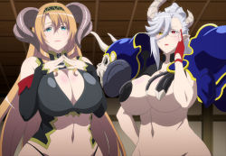 armor belial_(sin_nanatsu_no_taizai) belial_(the_seven_deadly_sins) blonde_hair blue_eyes breasts colored_skin demon_girl glasses heterochromia highres horns huge_breasts large_breasts mammon_(sin_nanatsu_no_taizai) mammon_(the_seven_deadly_sins) pointy_ears red_eyes screencap sin_nanatsu_no_taizai tanga the_seven_deadly_sins white_hair white_skin yellow_eye