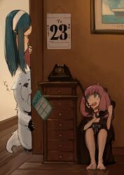 Rule 34 | 1boy, 2girls, aged up, antique phone, anya (spy x family), barefoot, black hair, bond (spy x family), dog, earrings, green eyes, hair over eyes, hairband, hairpods, higemu, highres, holding, holding phone, jewelry, mother and daughter, multiple girls, off-shoulder sweater, off shoulder, phone, pink hair, portrait (object), red sweater, rotary phone, sitting, spy x family, sweater, translation request, white hairband, wooden floor, yor briar