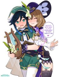 1boy 1girl artist_name black_gloves black_hair black_thighhighs blue_gemstone blue_hair blush brown_hair closed_eyes flower gem genshin_impact gloves gold_trim gradient_hair green_eyes green_hat hair_between_eyes hat hat_belt hat_flower hug hug_from_behind lace lace-trimmed_thighhighs lace_trim long_hair multicolored_hair purple_flower purple_hat purple_rose rezodwel rose thighhighs two-tone_hair upper_body venti_(genshin_impact) white_background white_flower witch_hat