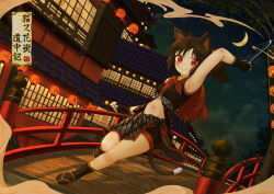 1girl absurdres animal_ears architecture armpits black_hair black_kimono black_shorts black_skirt black_socks bridge cape cat_ears cat_girl cat_tail chest_sarashi closed_mouth east_asian_architecture ekaapetto fingerless_gloves gloves highres holding holding_kunai holding_weapon japanese_clothes kimono kunai lantern looking_at_viewer midriff navel night night_sky ninja original outdoors paid_reward_available paper_lantern ponytail railing red_cape red_eyes running sandals sarashi scenery short_cape shorts shorts_under_skirt skirt sky smile smoke smoke_trail socks solo tail torn_cape torn_clothes translation_request tree waraji weapon wooden_bridge