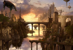 aircraft airship arch architecture bridge city cloud creature fantasy flying kazumasa_uchio landscape no_humans original reflection scenery sunset uchio_kazumasa water