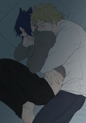 Rule 34 | 2boys, adam&#039;s apple, amajiki tamaki, arms around waist, arms up, barefoot, black pants, blonde hair, blue hair, blue pants, blush, boku no hero academia, closed eyes, commentary request, couple, dark blue hair, feet out of frame, grey sweater, knees up, long sleeves, lying, male focus, midriff, multiple boys, on bed, on side, pants, pillow, pointy ears, ribbed sweater, shirt, spooning, sweat, sweatdrop, sweater, tama4664amat, togata mirio, white shirt, yaoi