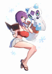 1girl absurdres alternate_costume bare_shoulders bikini bob_cut breasts froslass gen_4_pokemon gloves gonzarez grey_skirt highres holding holding_pen large_breasts long_hair looking_at_viewer navel nintendo open_mouth pen pokemon pokemon_(creature) pokemon_bw pokemon_masters_ex purple_eyes purple_hair red_bikini sandals shauntal_(fall_2024)_(pokemon) shauntal_(pokemon) simple_background skirt stomach swimsuit white_background white_gloves