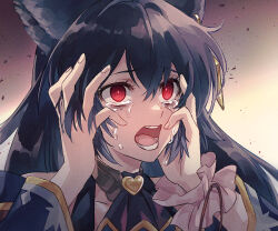 Rule 34 | 1girl, animal ears, ascot, bags under eyes, black ascot, black hair, commentary request, crying, crying with eyes open, erune, granblue fantasy, hair between eyes, hands in hair, hands on own head, long hair, looking ahead, nier (granblue fantasy), open mouth, portrait, red eyes, taki (nakochan), tears