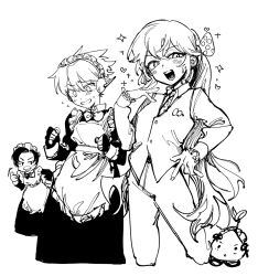 1girl 2boys alternate_costume blush bow butler captain_spaceboy enmaided female_butler fingerless_gloves flying_sweatdrops gloves greyscale hair_bow highres konoito_nui long_hair long_sleeves maid maid_headdress monochrome multiple_boys nervous_smile nervous_sweating omori open_mouth pants polka_dot polka_dot_bow ponytail short_hair simple_background smile smug sprout_mole sweat sweetheart_(omori) teeth thumbs_up