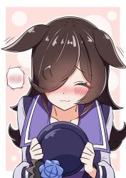 1girl absurdres akkunz animal_ears black_hair blush closed_eyes collarbone ears_down flower hair_over_one_eye hat hat_flower highres holding holding_unworn_clothes holding_unworn_hat horse_ears horse_girl long_hair long_sleeves motion_lines purple_hat purple_sailor_collar purple_shirt rice_shower_(umamusume) sailor_collar shirt solo spoken_blush umamusume unworn_hat unworn_headwear very_long_hair waiting_for_headpat
