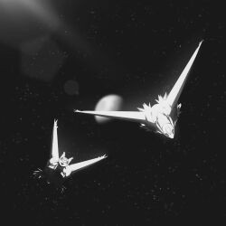 aatom87 blurry blurry_background commentary english_commentary gen_3_pokemon highres latias latios legendary_pokemon lens_flare nintendo no_humans pentagon_(shape) planet pokemon pokemon_(creature) space wings