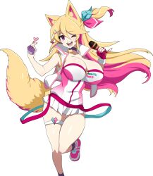 Rule 34 | 1girl, ;d, animal ears, asymmetrical gloves, bare legs, blonde hair, borrowed character, breasts, cleavage, colored inner hair, commission, double-parted bangs, finger heart, fingerless gloves, foot out of frame, gloves, hair between eyes, hair ornament, half gloves, hands up, happy, heart, holding, holding microphone, jacket, knee up, large breasts, long hair, looking at viewer, microphone, microskirt, mismatched gloves, multicolored hair, nail polish, nashirasauce, one eye closed, one side up, open clothes, open jacket, open mouth, original, pendant choker, pink gloves, pink hair, pink nails, pink shoes, pink trim, pleated skirt, purple eyes, second-party source, shoes, simple background, skirt, sleeveless, sleeveless jacket, smile, sneakers, solo, standing, standing on one leg, tachi-e, teeth, thigh strap, transparent background, two-tone hair, white jacket, white skirt, wind, x hair ornament, yellow tail