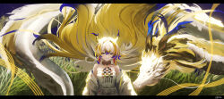 1girl 1other absurdres arknights bare_shoulders bead_necklace beads blonde_hair breasts brooch closed_mouth collarbone daapie dragon dragon_girl dragon_horns earrings eastern_dragon eastern_dragon_horns eastern_dragon_tail green_eyes hair_between_eyes highres horns jewelry looking_at_viewer medium_breasts necklace rice_paddy shirt shu_(arknights) strapless strapless_shirt tassel tassel_earrings tube_top white_tube_top