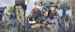 1boy 1girl ak-47 ambiguous_gender assault_rifle blonde_hair building georgian_flag gloves goggles goggles_on_headwear gun hat helmet kalashnikov_rifle kikurina magazine_(weapon) military military_combat_uniform military_uniform original outdoors patch rifle russo-ukrainian_war short_hair shoulder_patch smile squirrel standing tree ukraine ukrainian_flag ukrainian_ground_forces war weapon