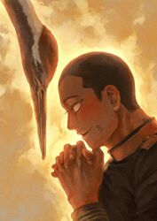 1boy backlighting bird black_hair buzz_cut commentary crane_(animal) facial_mark from_side glowing glowing_eyes golden_kamuy hands_up highres jacket long_sleeves looking_at_animal male_focus military_jacket military_uniform open_mouth osakanaman_7 own_hands_clasped own_hands_together profile red-crowned_crane red_eyes short_hair shoulder_boards smile solo stick_figure symbol-only_commentary upper_body usami_tokishige very_short_hair yellow_background