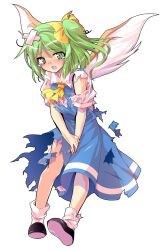 1girl alphes_(style) ascot bandage_on_hair bandaid bandaid_on_head between_legs blue_dress blush commentary_request crying crying_with_eyes_open dairi daiyousei defeat dress full_body green_eyes green_hair hand_between_legs have_to_pee large_variant_set looking_at_viewer open_mouth parody shirt short_hair side_ponytail socks solo style_parody tachi-e tears torn_clothes torn_dress torn_shirt torn_sleeves torn_socks touhou transparent_background variant_set white_socks wings yellow_ascot
