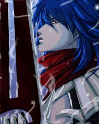 1boy armor assassin_cross_(ragnarok_online) aura bio_lab blue_background blue_hair commentary_request dagger eremes_guile hair_between_eyes holding holding_dagger holding_knife holding_weapon jamadhar knife long_hair looking_at_viewer male_focus open_mouth pauldrons ragnarok_online red_eyes red_scarf scarf shoulder_armor simpatiaein solo upper_body weapon