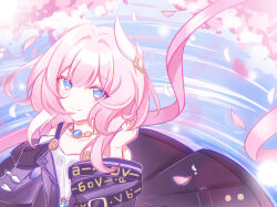 1girl breasts cherry_blossoms chinese_commentary coat commentary_request cyrene_(honkai:_star_rail) dress falling_petals hair_ornament highres honkai:_star_rail honkai_(series) looking_at_viewer medium_hair multicolored_hair petals pink_hair pink_petals purple_coat small_breasts solo tianzhi40592 two-tone_hair white_dress white_hair