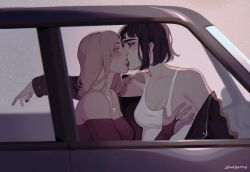 2girls ahageao49 arm_tattoo bare_shoulders black_hair black_jacket blonde_hair blush breasts car_interior cleavage commentary english_commentary freckles french_kiss grabbing_another&#039;s_breast groping highres jacket jewelry kiss long_hair medium_breasts multiple_girls necklace off-shoulder_shirt off_shoulder original red_shirt shirt short_hair tank_top tattoo thumb_ring white_tank_top yuri