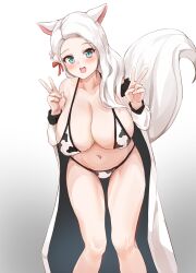 1girl animal_ears animal_print bare_shoulders bikini blue_eyes blush breasts cleavage coat collarbone cow_print cow_print_bikini double_v feet_out_of_frame forehead gradient_background grey_background hair_over_shoulder hands_up highres huge_breasts leaning_forward long_hair long_sleeves looking_at_viewer navel open_clothes open_coat open_mouth original pharamacom print_bikini smile solo standing swimsuit tail_raised v white_background white_coat white_hair white_tail