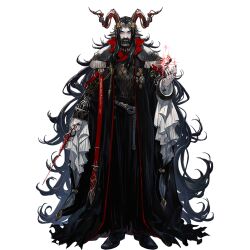 aged_up arknights black_hair curled_horns facial_hair full_body hand_up holding holding_wand horns jewelry long_hair long_sleeves male_focus multiple_rings official_art parted_bangs ring ryuuzaki_ichi sheep_boy sheep_horns straight-on very_long_hair wand witch_king_(arknights)