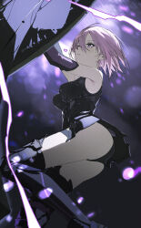 1girl absurdres armored_leotard armpit_crease arms_up ass bare_shoulders black_gloves blurry bokeh boots breasts commentary depth_of_field elbow_gloves electricity fate/grand_order fate_(series) gloves hair_between_eyes highres holding holding_shield leotard light_particles mash_kyrielight medium_breasts purple_eyes purple_hair qtian shield short_hair sleeveless solo thigh_boots thighs
