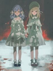 2girls ave_mujica_(bang_dream!) bang_dream! bang_dream!_it&#039;s_mygo!!!!! berubetto blood blood_on_hands blue_hair bonnet dress gothic_lolita green_hair hair_ribbon highres lolita_fashion mortis_(bang_dream!) mortis_(costume)_(bang_dream!) multiple_girls oblivionis_(bang_dream!) ribbon tagme togawa_sakiko wakaba_mutsumi white_dress