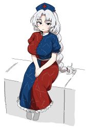 1girl :3 blue_dress blue_eyes braid breasts closed_mouth cocktiel77 commentary_request constellation_print dress hands_on_lap hat korean_commentary large_breasts long_hair looking_at_viewer multicolored_dress nurse_cap red_dress short_sleeves simple_background sitting smile solo touhou very_long_hair white_background white_hair yagokoro_eirin