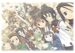 6+boys 6+girls agluvain amer armor brown_eyes brown_hair bulrell cape detached_sleeves everyone folte_(summon_night) gibson_giral glasses green_eyes green_hair hasaha headband ioth kaina_(summon_night) kazamine_(summon_night) keina kuroboshi_kouhaku le-o-ld leonard_(summon_night) lu luvaid magna maid mimoza_lorange minis morlin multiple_boys multiple_girls nesty paffel resi rocca ryuug shamrock_(summon_night) short_hair smile summon_night summon_night_2 sword toris v weapon yuel_(summon_night)