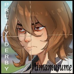 Rule 34 | 1girl, agnes tachyon (umamusume), album cover, album cover redraw, animal ears, brown hair, closed mouth, cover, death grips, derivative work, english text, exmilitary (death grips), hgoolahan, horse ears, horse girl, lab coat, medium hair, parody, red eyes, solo, trait connection, umamusume, wolf cut