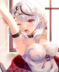 Rule 34 | 1girl, arm behind head, armpits, belt collar, black collar, black hair, breasts, camisole, cleavage, collar, earrings, fang, grey hair, hair ornament, highres, hololive, jacket, jewelry, large breasts, looking at viewer, medium hair, multicolored hair, nail polish, one eye closed, red eyes, red jacket, red nails, sakamata chloe, sakamata chloe (1st costume), skin fang, solo, streaked hair, two-sided fabric, two-sided jacket, virtual youtuber, white camisole, x hair ornament, yusha (lv1 yusha 522)