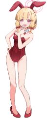 1girl absurdres alternate_costume animal_ear_headphones animal_ears bare_shoulders blonde_hair blue_archive bow bowtie commentary_request detached_collar fake_animal_ears flat_chest full_body hair_bow halo hand_on_own_hip headphones high_heels highres leotard looking_at_viewer medium_hair momoi_(blue_archive) open_mouth oversized_breast_cup pink_eyes pink_halo playboy_bunny rabbit_ears red_bow red_bowtie red_leotard smile solo standing strapless strapless_leotard transparent_background w w_over_mouth yucblossom
