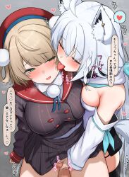 2girls absurdres ahoge animal_ear_piercing animal_ears beret black_shirt black_shorts black_thighhighs blonde_hair blush breasts closed_mouth commentary_request detached_sleeves fingering fox_ears fox_girl green_eyes hat highres hisochi_n hololive hood hoodie indie_virtual_youtuber large_breasts licking licking_another&#039;s_cheek licking_another&#039;s_face medium_breasts multiple_girls oozora_subaru oozora_subaru_(1st_costume) open_mouth red_hat shigure_ui_(vtuber) shigure_ui_(vtuber)_(1st_costume) shirakami_fubuki shirt shorts thigh_strap thighhighs tongue tongue_out translation_request virtual_youtuber white_hair white_hoodie white_sleeves yuri