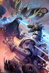 antennae atomic_breath blue_eyes breath_weapon bug building butterfly butterfly_wings caterpillar city claws compound_eyes cyborg day destruction dust embers energy_beam energy_cannon energy_weapon evening exhaust explosion fire flying giant giant_monster giant_robot glowing glowing_eyes glowing_spikes godzilla godzilla:_tokyo_s.o.s. godzilla_(series) highres insect insect_wings kaiju kiryu_(godzilla) larva mandibles maser_cannon mecha mechagodzilla metal_teeth military missile monster moth moth_wings mother_and_child mothra mouth_beam mouth_cannon no_humans no_pupils official_art open_mouth pablo_olivera plasma plasma_beam realistic robot scales scar scar_on_chest sharp_teeth siblings silk skyscraper smoke smoke_trail sparks spikes tail teeth textless_version toho tongue twilight twins type-99_twin_maser_cannon variant_set weapon web wings yellow_eyes