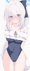 1girl :o absurdres arms_behind_back blue_archive blue_one-piece_swimsuit blush breasts cameltoe casual_one-piece_swimsuit commentary covered_navel cowboy_shot frilled_one-piece_swimsuit frills gluteal_fold grey_hair groin halo highres long_hair looking_at_viewer medium_breasts miyako_(blue_archive) miyako_(swimsuit)_(blue_archive) nui_(nuinui0300) official_alternate_costume one-piece_swimsuit ponytail purple_eyes ribbon-trimmed_swimsuit ribbon_trim simple_background solo sweatdrop swimsuit thigh_gap very_long_hair white_background