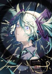 Rule 34 | 1girl, aqua hair, aqua nails, aqua necktie, arm tattoo, bare shoulders, blue eyes, breasts, collared shirt, crosshair, crying, crying with eyes open, floating hair, frilled shirt, frills, from side, glowing, glowing eyes, grey shirt, hair between eyes, hair ornament, hand on own chest, hatsune miku, headset, hibana (vocaloid), highres, long hair, looking at viewer, microphone, murumuru (pixiv51689952), nail polish, necktie, number tattoo, parted lips, revision, shirt, sidelocks, single tear, skirt, sleeveless, sleeveless shirt, small breasts, solo, tattoo, tears, twintails, twitter username, upper body, very long hair, vocaloid, watermark