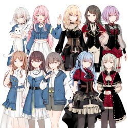 6+girls absurdres amoris_(bang_dream!) animal ascot ave_mujica_(bang_dream!) bang_dream! bang_dream!_it&#039;s_mygo!!!!! bead_necklace beads belt beret black_ascot black_belt black_capelet black_choker black_corset black_dress black_gloves black_hair black_pants black_pantyhose black_ribbon black_skirt black_vest blonde_hair blue_belt blue_brooch blue_eyes blue_hair blue_jacket braid brown_corset brown_eyes brown_hair capelet cat chihaya_anon chinese_commentary choker closed_mouth clothing_cutout collared_shirt commentary_request corset cropped_jacket crychic_(bang_dream!) doloris_(bang_dream!) dress ear_piercing earrings flower_stand_art garter_straps gloves green_hair grey_hair grey_skirt hair_between_eyes hair_ribbon hand_on_own_hip hand_up hat heterochromia highres holding holding_animal holding_cat jacket jewelry kaname_raana layered_skirt long_hair long_sleeves medium_hair midriff misumi_uika mole mole_under_eye mortis_(bang_dream!) multiple_girls mygo!!!!!_(bang_dream!) nagasaki_soyo necklace oblivionis_(bang_dream!) open_clothes open_jacket open_mouth own_hands_together pants pantyhose pantyhose_under_shorts parted_lips piercing pink_eyes pink_hair purple_eyes purple_hair raana_the_cat red_capelet red_hat red_shirt red_shorts red_thighhighs ribbon see-through_clothes see-through_sleeves sen_jin_chen shiina_taki shirt short_hair short_sleeves shorts shorts_under_skirt shoulder_cutout showgirl_skirt sidelocks simple_background skirt takamatsu_tomori thighhighs timoris_(bang_dream!) togawa_sakiko two-tone_pants vest wakaba_mutsumi waving white_ascot white_background white_hair white_pants white_shirt yahata_umiri yellow_eyes yuutenji_nyamu