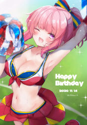 1girl alternate_costume alternate_hairstyle arm_up artist_name birthday blue_bow bow breasts cheering cheerleader cleavage collarbone football_field front-tie_top girlfriend_(kari) highres holding large_breasts miniskirt navel nitta_moeka open_mouth outdoors pink_hair pom_pom_(cheerleading) ponytail purple_eyes red_shirt red_skirt shirt short_hair skirt smile solo standing standing_on_one_leg swimsuit tagme touko_56 twitter_username