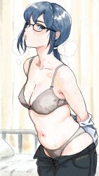 Rule 34 | 1girl, armpit crease, arms behind back, artist name, bed, belly, black-framed eyewear, black pants, blue eyes, blue hair, blush, bra, breasts, choppy bangs, cleavage, collarbone, commentary request, cowboy shot, curtains, glasses, grey bra, grey panties, hair tie, hot, indoors, large breasts, looking at viewer, lottery shogun, navel, open fly, open pants, original, panties, pants, parted lips, pillow, plump, ponytail, railing, red lips, shirt, sidelocks, sideways glance, solo, standing, steam, steaming body, stomach, sweat, underwear, white shirt
