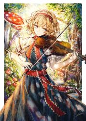Rule 34 | 1girl, absurdres, blonde hair, blue dress, blue eyes, border, dress, forest of magic, highres, instrument, mushroom, music, playing instrument, shirt, short hair, sketch, smile, solo, tonan (l0l0l0l0l0l), touhou, tree, violin, white border, white shirt