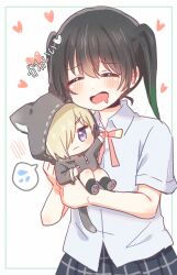 2girls :d ^_^ animal_ears animal_hood black_hair black_hoodie black_skirt blonde_hair blue_shirt blush cat_ears cat_hood closed_eyes collared_shirt commentary dress_shirt drooling fake_animal_ears flying_sweatdrops gradient_hair hair_over_one_eye heart highres hood hoodie lone_nape_hair love_live! love_live!_nijigasaki_high_school_idol_club medium_hair mia_taylor mini_person minigirl mouth_drool multicolored_hair multiple_girls neck_ribbon nijigasaki_school_uniform one_eye_covered open_mouth pink_ribbon plaid_clothes plaid_skirt pleated_skirt purple_eyes raised_inner_eyebrows ribbon school_uniform shirt short_hair simple_background skirt smile spoken_flying_sweatdrops summer_uniform takasaki_yu twintails v-shaped_eyebrows white_background yoon_(yoon_lovelive)