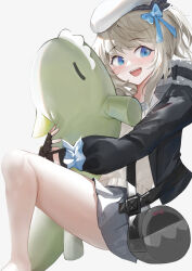 Rule 34 | 1girl, :d, beret, black gloves, black jacket, blue bow, blue eyes, bow, brown hair, commentary, english commentary, fingerless gloves, girls&#039; frontline, girls&#039; frontline 2: exilium, gloves, grey background, grey skirt, hat, highres, hugging doll, hugging object, jacket, krirk, long sleeves, looking at viewer, mr. pizza (girls&#039; frontline 2), open mouth, simple background, skirt, smile, solo, thighs, vepley (girls&#039; frontline 2), white hat