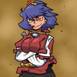 1girl arms_under_breasts black_skirt breasts brown_background closed_mouth commentary_request crossed_arms hair_ornament large_breasts layered_sleeves leaf_hair_ornament long_sleeves looking_at_viewer mirror onikobe_rin purple_hair red_eyes rope short_hair short_over_long_sleeves short_sleeves skirt smile solo touhou upper_body v-shaped_eyebrows yasaka_kanako