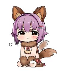 Rule 34 | &gt;:3, 1girl, :3, animal ears, arm warmers, arms between legs, bone, bow, brown eyes, chibi, dog ears, dog tail, female focus, fur, hair intakes, hair ornament, hairpin, idolmaster, idolmaster cinderella girls, koshimizu sachiko, leg warmers, midriff, moru (monaka), puff of air, purple hair, short hair, simple background, sitting, solo, tail, tail wagging, v-shaped eyebrows, white background