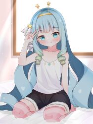 1girl absurdres blue_eyes blue_hair braid breasts commission drill_hair flat_chest highres indoors jelly_hoshiumi jelly_hoshiumi_(2nd_costume) kneeling kyoichi long_hair looking_at_viewer official_alternate_costume on_bed pants phase_connect room shorts small_breasts solo star_(symbol) sunlight thighhighs thighs twin_braids twin_drills v very_long_hair virtual_youtuber window