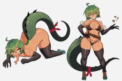 1girl absurdres ahoge all_fours belt bikini black_bikini black_gloves black_thighhighs breasts cameltoe clawed_feet coin corinna21210534 dark-skinned_female dark_skin elbow_gloves fur-trimmed_vest fur_trim gloves gluteal_fold green_hair grey_background hand_on_own_hip highres lizard_tail long_tongue medium_breasts multiple_views navel nude open_clothes open_vest original pointy_ears reptile_girl scales sharp_teeth short_hair slit_pupils small_breasts solo swimsuit tail tail_ornament tan teeth thick_thighs thighhighs thighs tongue tongue_out top-down_bottom-up vest wide_hips yellow_eyes