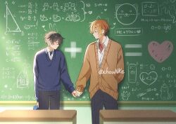 2boys black_hair blue_hood chalkboard chounke desk earrings heart holding holding_hands holding_manga jewelry long_sleeves male_focus manga_(object) miyano_yoshikazu multiple_boys multiple_earrings orange_hair orange_sweater_vest sasaki_shuumei sasaki_to_miyano school_desk school_uniform shirt shirt_partially_removed short_hair sweater_vest white_shirt yaoi