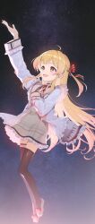 1girl ahoge blonde_hair blush brown_dress dress floating fortissimo frills full_body hair_ornament hair_ribbon highres hololive hololive_dev_is jacket long_hair mitohas musical_note musical_note_hair_ornament night night_sky one_side_up open_mouth otonose_kanade otonose_kanade_(1st_costume) piano_keys piano_print red_eyes red_ribbon ribbon sky solo star_(sky) starry_sky thighhighs virtual_youtuber white_jacket