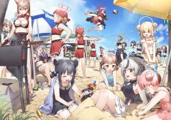 6+girls :d ^_^ absurdres animal_ear_fluff animal_ears arms_up bare_arms bare_shoulders barefoot beach beach_umbrella bikini black_bikini black_dress black_hair black_sandals blonde_hair blue_archive blue_dress blue_shorts blue_sky blush braid breasts brown_eyes brown_hair buried character_request check_character cleavage closed_eyes cloud collarbone commentary_request cutoffs day double_bun dress eyewear_on_headwear front-tie_bikini_top front-tie_top green_hair green_jacket grey_hair hair_bun hair_over_one_eye halo headscarf highres jacket jumping kisaki_(blue_archive) kokona_(blue_archive) large_breasts long_sleeves medium_breasts mina_(blue_archive) multicolored_hair multiple_girls navel off_shoulder open_clothes open_jacket open_mouth outdoors outstretched_arm outstretched_arms palm_tree pelvic_curtain pink_bikini pointing puffy_long_sleeves puffy_sleeves purple_jacket reijo_(blue_archive) rumi_(blue_archive) running sand sandals sarong shorts shun_(blue_archive) shun_(small)_(blue_archive) sitting sky sleeveless sleeveless_dress small_sweatdrop smile souvenir_doll_(blue_archive) spread_arms standing streaked_hair sunglasses sweat swimsuit thigh_strap tree twin_braids twintails umbrella volleyball wavy_mouth yukie_(kusaka_shi)