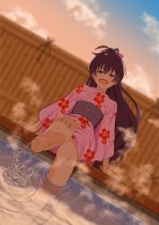 1girl absurdres ahoge antenna_hair aqua_eyes artist_request barefoot black_hair bow breasts collarbone eyelashes fang feet feet_in_water female_focus floral_print ganaha_hibiki hair_between_eyes hair_bow hair_ornament half-closed_eyes happy high_ponytail highres huge_filesize idolmaster idolmaster_(classic) japanese_clothes kimono legs long_hair long_sleeves looking_at_viewer medium_breasts namco neck obi open_mouth outdoors outstretched_leg ponytail sash sidelocks sitting soles splashing thighs toes wide_ponytail wide_sleeves yukata