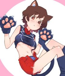 Rule 34 | 1girl, akaboshi koume, animal ears, animal hands, blush, breasts, brown eyes, brown hair, cat ears, cat tail, closed mouth, girls und panzer, gloves, kuromorimine military uniform, large breasts, looking at viewer, military uniform, monolith (suibou souko), open clothes, open shorts, paw gloves, red shorts, short hair, shorts, simple background, solo, tail, underboob